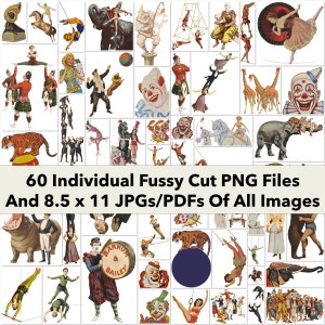 Vintage Circus Clipart Set 4 | 60 Printable Fussy Cut Circus Ephemera PNGs | BONUS: Two 8.5 x 11 Jpgs And Pdfs Of All Images (5x6) | VC116