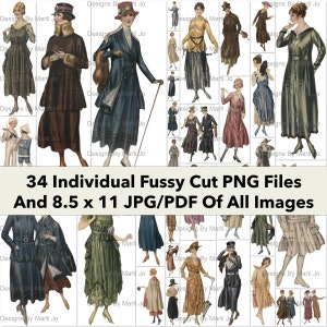 ヴィンテージ ファジー カット 1917 女性のファッション画像 | 34 枚の印刷可能な衣類 PNG ファイル | ボーナス: すべての画像 (7x5) の 8.5 x 11 Jpg および PDF 1 枚 | VP23