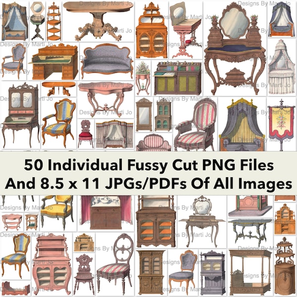 Conjunto de hojas de collage de muebles vintage 1 / 50 PNG de casa de muñecas de papel imprimibles / BONIFICACIÓN: Dos archivos JPG y PDF de 8,5 x 11 de todas las imágenes (5x5) / VC7