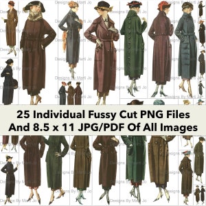 ヴィンテージ 1920-1921 ファジーカット レディース ウィンター ファッション画像 | 印刷可能な PNG 画像 25 枚 | ボーナス: すべての画像 (5x5) の 8.5 x 11 Jpg および PDF 1 枚 | VP45