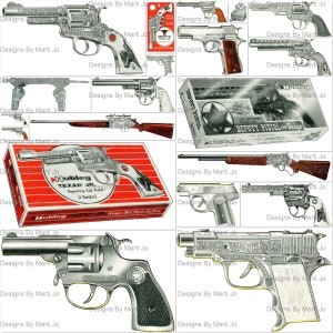 Vintage speelgoed capgun-illustraties uit 1958 | 20 stuks speelgoedpistool met oude dop | Antiek speelgoedmutsje | BONUS: png-bestand met alle 20 afbeeldingen | VC154