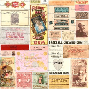 Kit de rótulos de goma vintage | 30 rótulos de goma de mascar antigos para impressão | Download instantâneo | Uso comercial OK | VL43