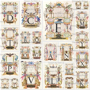 Conjunto de papel para desenhos de caligrafia vintage | 23 (sem letras J, U ou W) páginas JPG vintage para impressão | Download instantâneo | Uso comercial OK | JJ3