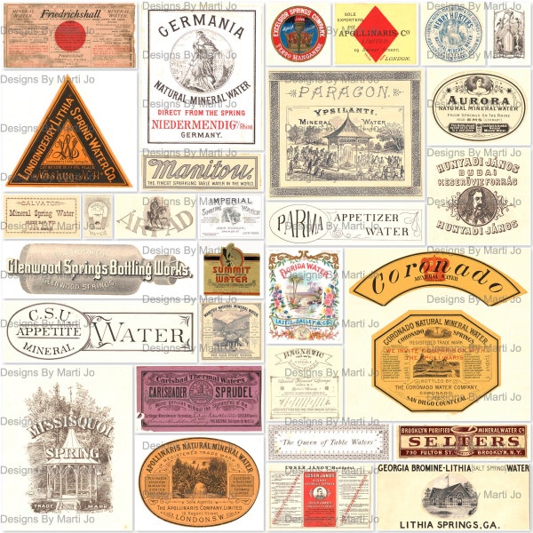 Vintage Bottled Water Labels | 30 Printable Vintage Mineral Water Labels | Instant Download | Commercial Use OK | VL52