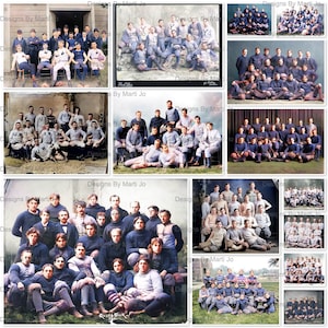 Pode incluir: Uma colagem de fotos de equipas vintage, com grupos de homens em uniformes desportivos. As imagens mostram várias equipas, algumas com camisolas azul escuro, brancas e listradas. As fotos são do final do século XIX ou início do século XX.