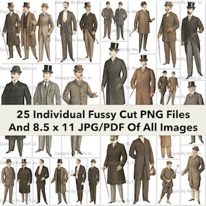 Imágenes de moda masculina vintage de corte recargado de 1895 / 25 archivos PNG de ropa masculina antigua / BONIFICACIÓN: Un archivo Jpg y PDF de 8,5 x 11 (5x5) con todas las imágenes / VP5