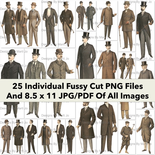 Vintage Fussy Cut 1895 Men Fashion Images | 25 Antique Men's Clothing PNG Files | BONUS: One 8.5 x 11 Jpg And Pdf Of All Images (5x5) | VP5