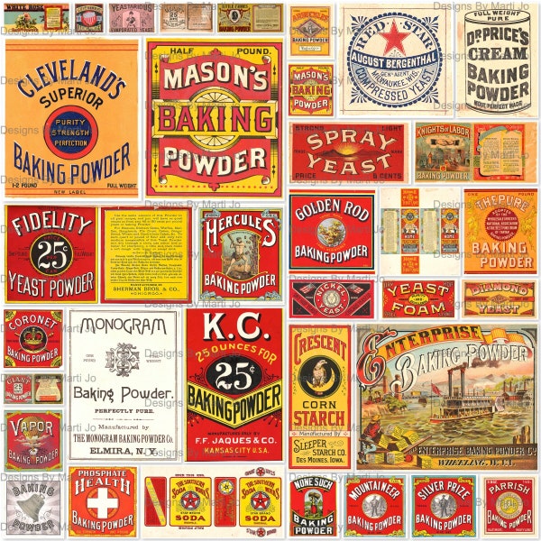 Vintage Baking Powder And Yeast Labels | 35 Digital Vintage Food Labels JPGs | BONUS: One 8.5 x 11 Jpg And Pdf Of All Images (5x7) | VL8