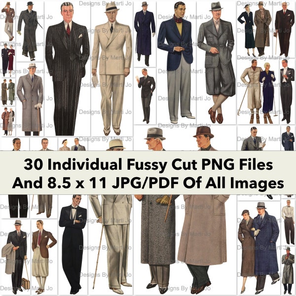 Vintage Fussy Cut Men's Fashion Images From 1930's Italy | 30 Printable PNGs | BONUS: One 8.5 x 11 Jpg And Pdf Of All Images (6x5) | VP19