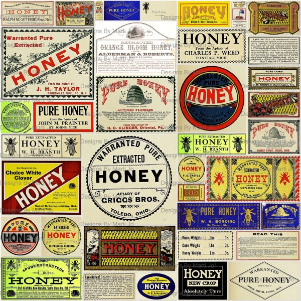 Antique Honey Labels Kit | 38 Printable Vintage Honey Related JPG Images | BONUS: One 8.5 x 11 Jpg And Pdf Of All Images (5x8) | VL9
