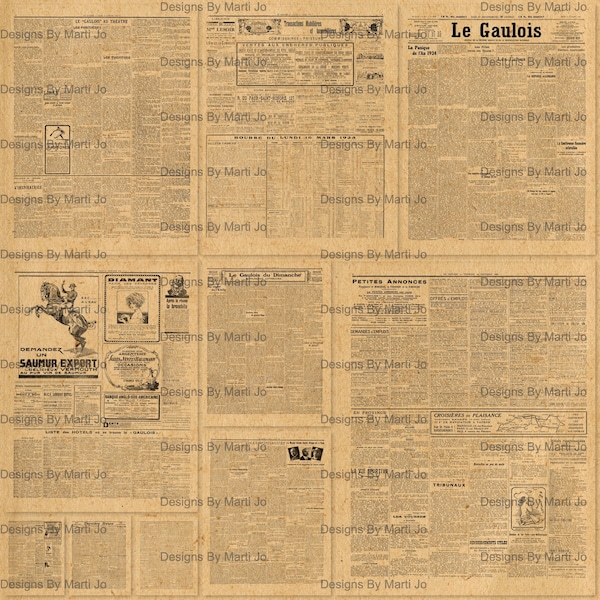 Old French Newspaper Overlays Set 1 | 10 Vintage Transparent Newsprint Background PNG Images | Instant Download | Commercial Use OK | PNG24