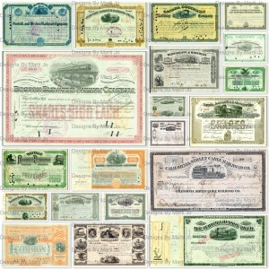 Lot de 2 certificats d'actions ferroviaires vintage | 20 parts de train d'art ancien | Téléchargement instantané | Utilisation commerciale OK | JJ36