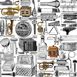 Vintage Musical Instruments Ephemera Kit | 100 Printable Musical PNG | BONUS: 4 8.5 x 11 JPGs Of All Images (5x5) | Instant Download | VC121