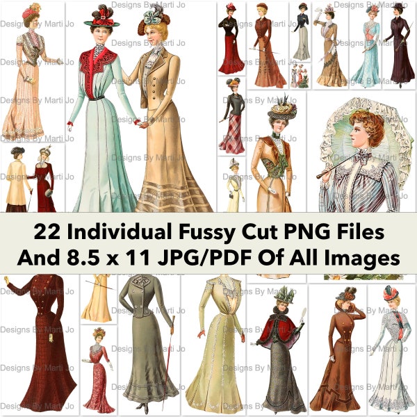 Vintage 1900 Victorian Ladies Fashion Images | 22 Printable Clothing PNG Files | BONUS: 8.5 x 11 Jpg And Pdf Of All Images (5x5) | VP24