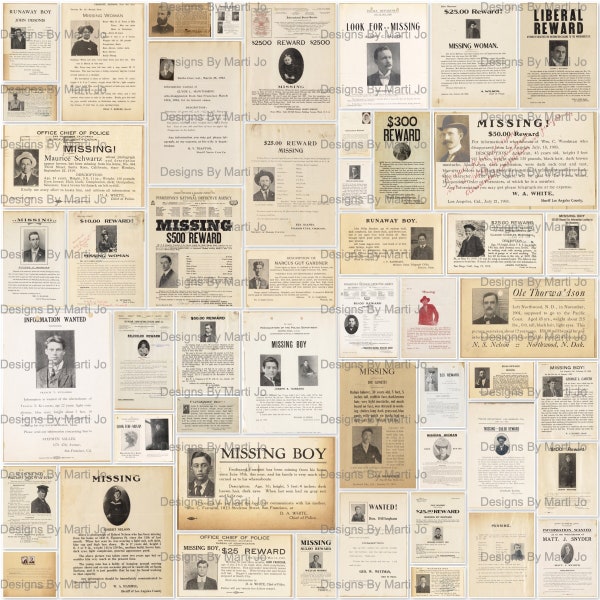 Vintage Missing Person Reward Posters | 50 Printable JPGs | True Crime Ephemera | BONUS: Two 8.5x11 Jpgs And Pdfs Of All Images (5x5) | TC1