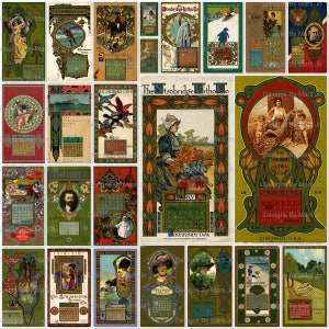 Può includere: Un collage di design di calendari vintage con illustrazioni di persone, animali e paesaggi. I calendari sono degli inizi del 1900 e sono stampati in una varietà di colori, tra cui verde, rosso e oro. Il testo sui calendari include il nome del mese, l'anno e il nome della tipografia, "The Strobridge Litho Co."