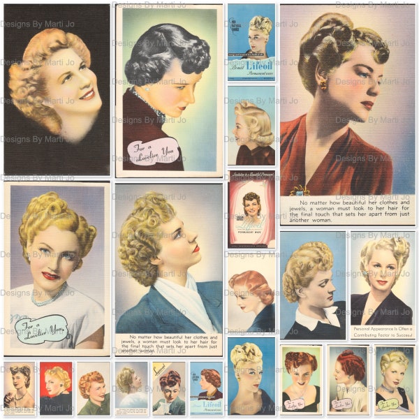 Vintage Women's Hairstyle Postcards | 21 JPG files AND All Images On 8.5 x 11 Jpg And Pdf Sheets | VP57