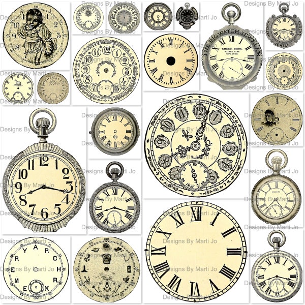 22 caras de reloj vintage / Imágenes prediseñadas de reloj antiguo / Descarga instantánea / Uso comercial OK / VC9