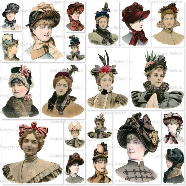 Women's Hat Fashions From The Late 1800s | 20 Printable Vintage Ladies PNGs | BONUS: One 8.5 x 11 Jpg And Pdf Of All Images (5x4) | VP64