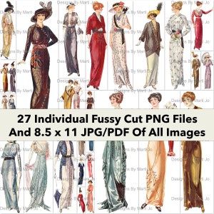 ヴィンテージ 1913 ファジーカット レディース ファッション画像 | 27 枚の衣類クリップアート PNG ファイル | ボーナス: すべての画像 (6x5) の 8.5 x 11 Jpg および Pdf 1 枚 | VP11
