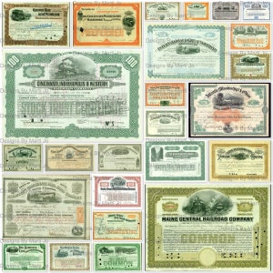 Jeu de certificats d'actions ferroviaires vintage 1 | 25 certificats d'actions de train antiques | Téléchargement instantané | Utilisation commerciale OK | JJ19