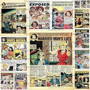 Páginas de diário de histórias em quadrinhos de romance vintage | 15 fundos de scrapbook vintage de 8,5 x 11 polegadas | Download instantâneo | Uso comercial OK | VP62