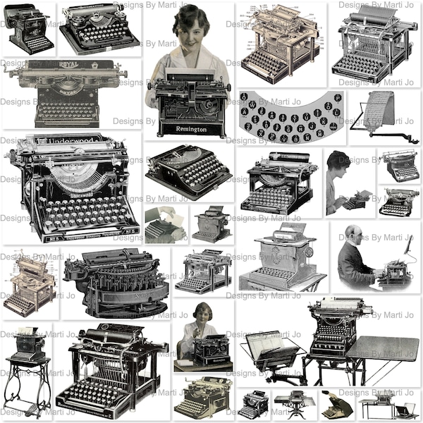 Vintage Typewriter Clipart Elements | 30 Vintage Typewriting Machine Embellishments | BONUS: 8.5 x 11 Jpg And Pdf Of All Images (5x6) | VC18