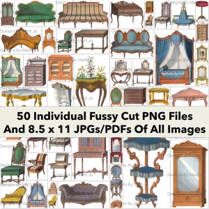 Juego de 2 hojas de collage de muebles vintage / 50 PNG imprimibles de casas de muñecas / BONIFICACIÓN: Dos archivos JPG de 8,5 x 11 y PDF de todas las imágenes (5x5) / VC15