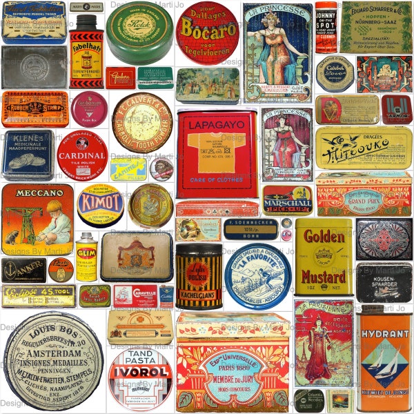 Vintage Tins Lids | 57 Printable Vintage Tin Lids And Cans JPGs | BONUS: Two 8.5 x 11 Jpgs And Pdfs Of All Images (5x6) | VL10