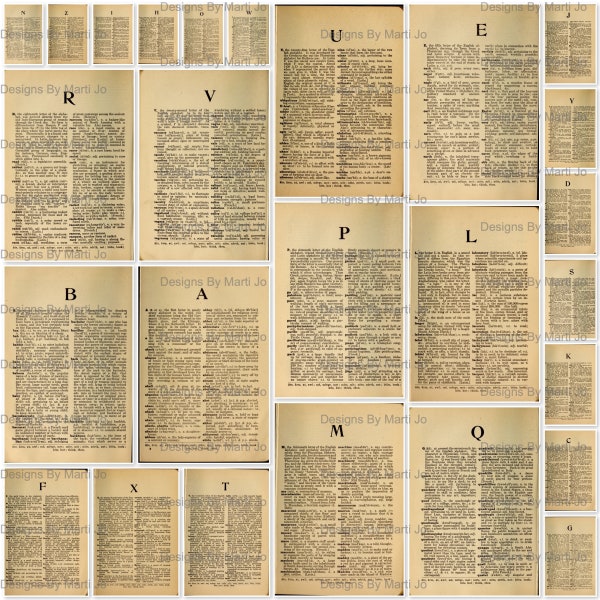 Vintage Old Dictionary Pages | 26 Antique Dictionary Printable JPG Pages A-Z | Instant Download | Commercial Use OK | JJ1