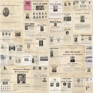 Vintage Wanted For Murder-posters | Waargebeurde misdaadverschijnselen | 50 afdrukbare jpg's | BONUS: twee 8,5 x 11 jpg's en pdf's met alle afbeeldingen (5 x 5) | TC2