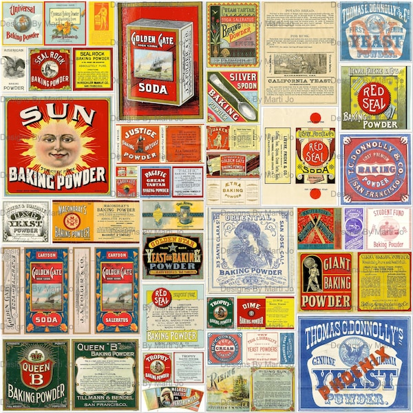 Vintage Baking Powder And Yeast Labels Set 2 | 35 Digital Retro Food Labels JPGs | BONUS: 8.5 x 11 Jpg And Pdf Of All Images (5x8) | VL73