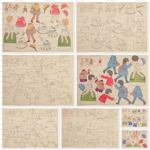 Poupées françaises en papier découpé vintage colorées | 8 fichiers JPG de poupée en papier imprimable | 4 couleurs et 4 blancs | Téléchargement instantané | PD16