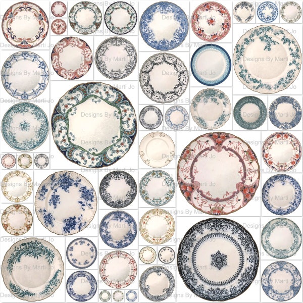 Vintage China Dinner Plates Clipart | 50 Dinnerware Images | BONUS: Two 8.5 x 11 PNG/JPG Of All Images (5x5)  | Instant Download | VC156