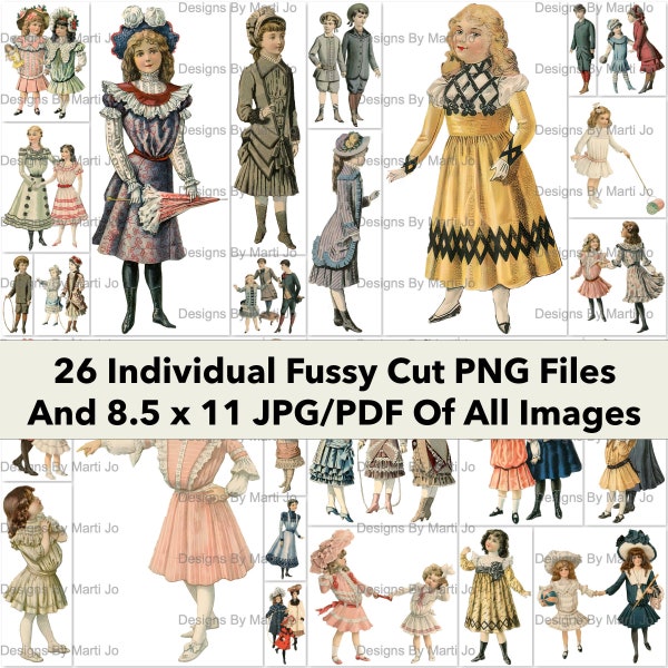 Vintage Fussy Cut Children Fashion Images | 26 Kid's Fashion Digital PNG Files | BONUS: One 8.5 x 11 Jpg And Pdf Of All Images (6x5) | VP42