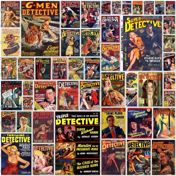 Vintage Detective Magazine Covers | 50 Crime Magazine Covers | BONUS: Two 8.5 x 11 Jpgs Of All Images (5x5) | Instant Download | TC20