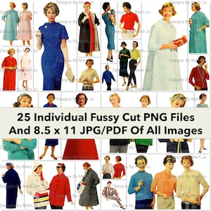 ヴィンテージ ファジーカット 1958 ファッション画像 | 印刷可能な 50 年代の衣類 PNG ファイル 25 枚 | ボーナス: すべての画像 (5x5) の 8.5 x 11 Jpg および PDF 1 枚 | VP16