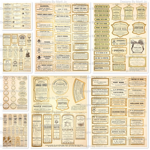 8 Vintage Apothecary Labels Sheets | Printable Digital Pharmacy Labels | Antique Drugstore Labels | Now Includes PDF Versions | VL5