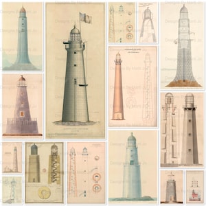 Disegni colorati di fari d'epoca / 15 illustrazioni di progetti di fari / 10 pollici di altezza / Download digitale / JJ156