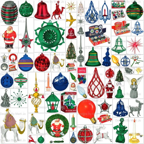 Vintage 1950s Christmas Ornaments Clipart | 75 Printable Holiday Decorations | BONUS: Three 8.5 x 11 JPGs Of All Images (5x5) | VC152