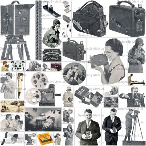 Puede incluir: Un collage de fotografías antiguas en blanco y negro con varias cámaras de cine, carretes de película y personas usando cámaras. Las imágenes incluyen una variedad de modelos de cámaras, incluyendo cámaras de mano, cámaras montadas en trípode y proyectores de películas. Las personas en las fotos están vestidas con ropa vintage y parecen disfrutar del proceso de filmación.