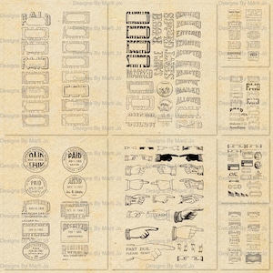 Puede incluir: Una hoja de collage digital con sellos y gráficos de estilo vintage. La hoja presenta varios sellos con texto como "Pagado", "Recibido", "Respondido", "Enviado", "Correo", "Certificado", "Permitido", "Bueno", "Asegurado", "Vencido", y más. La hoja también incluye varios dedos apuntando dibujados a mano.