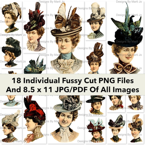 Women's Hat Fashions From 1900 | 18 Printable Vintage Ladies Clipart PNG Files | BONUS: One 8.5 x 11 Jpg And Pdf Of All Images (5x5) | VP33