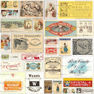 Kit de rótulos de doces vintage 1 | 29 imagens imprimíveis, principalmente de chocolate | Download instantâneo | Uso comercial OK | VL51