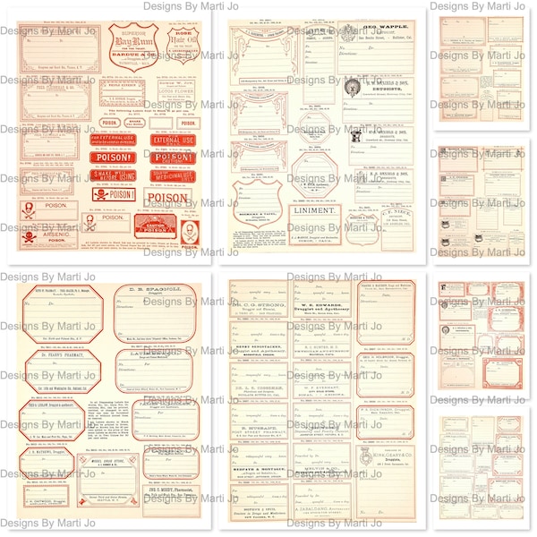 8 Red Vintage Blank Apothecary Labels Sheets | Printable Old Medicine Labels | Antique Drugstore Labels | Budget Pack | VL60
