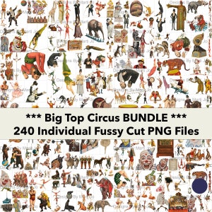 MEGA BUNDLE de cliparts cirque vintage | Ensembles actuels 1-4 combinés en un seul produit | 240 fichiers PNG imprimables de graphiques de carnaval de coupe rapide | MB2