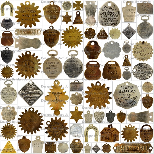 Vintage Tag And Token Set 2 | 70 Printable Antique Unique Shapes Medallion PNGs | BONUS: 8.5 x 11 Jpgs And Pdfs Of All Images (5x7) | VC120