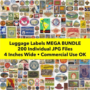 Étiquettes à bagage vintage MEGA BUNDLE | 200 étiquettes JPG de 4 pouces de large | Mes kits actuels 1 à 4 combinés en un seul produit | Téléchargement instantané | MB5