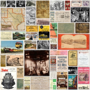 Pode incluir: Uma colagem vintage de imagens relacionadas com comboios e caminhos de ferro. A colagem apresenta v&aacute;rios mapas, an&uacute;ncios e fotografias de comboios, esta&ccedil;&otilde;es e passageiros. Algumas das legendas na colagem incluem "Gulf Colorado Santa Fe Railway", "Boston Waban", "Every 3rd Day", "Reduction Local Passenger Fares", "Omaha Balto & Ohio R.R.", "Sunset Limited", e "Great Central Iowa Short Line Route".