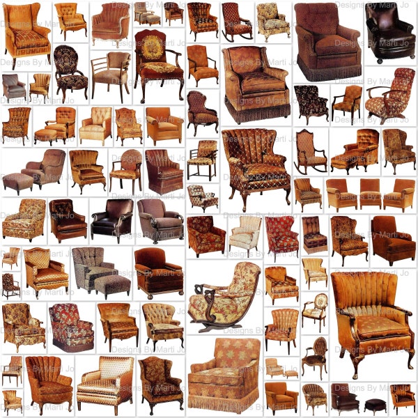 Vintage 1941 Chair Clipart Files | 75 Printable Furniture Paper Dollhouse PNGs | BONUS: Three 8.5 x 11 JPGs  (5x5) | VC135